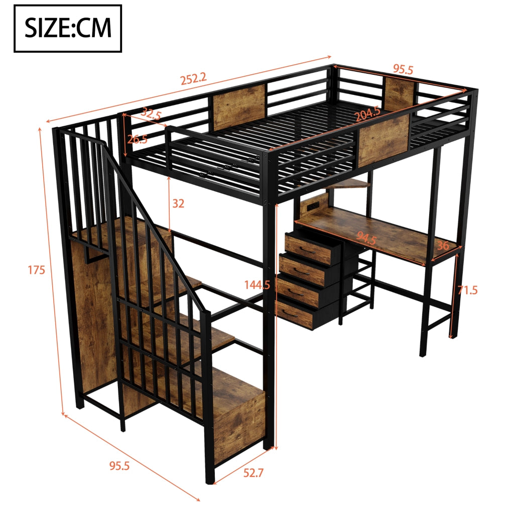 Letto a Soppalco; Letto Singolo con Scrivania; Ripiani; Appendiabiti e LED; 90 x 200 cm; senza Materasso