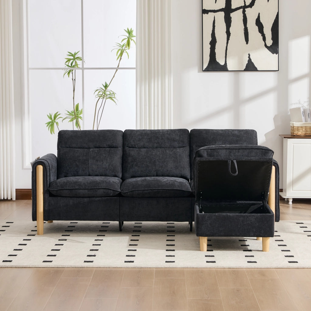 Divano modulare a L 3 posti - con pouf contenitore e tasche laterali - in chenille nera