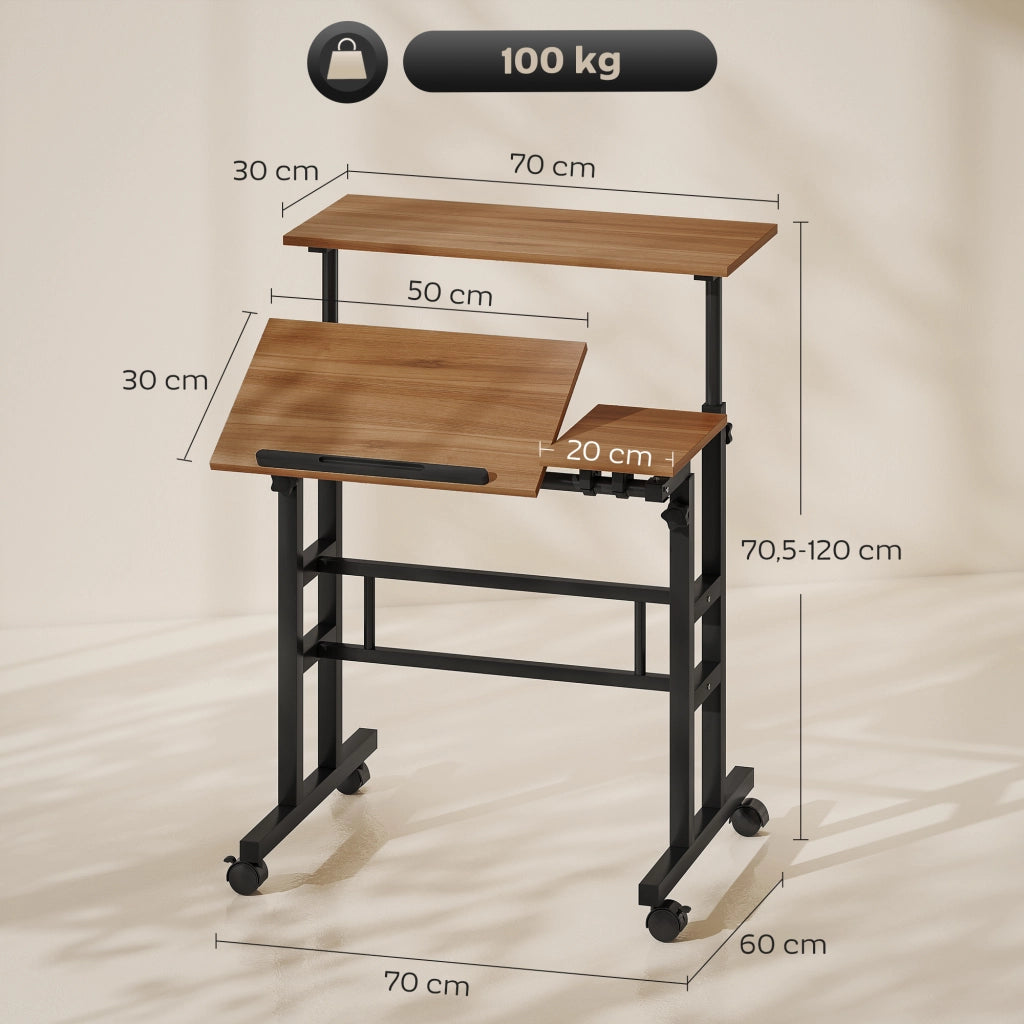 Scrivania regolabile in altezza ¨C zephmum ¨C marrone metallo 70x60 cm con ruote