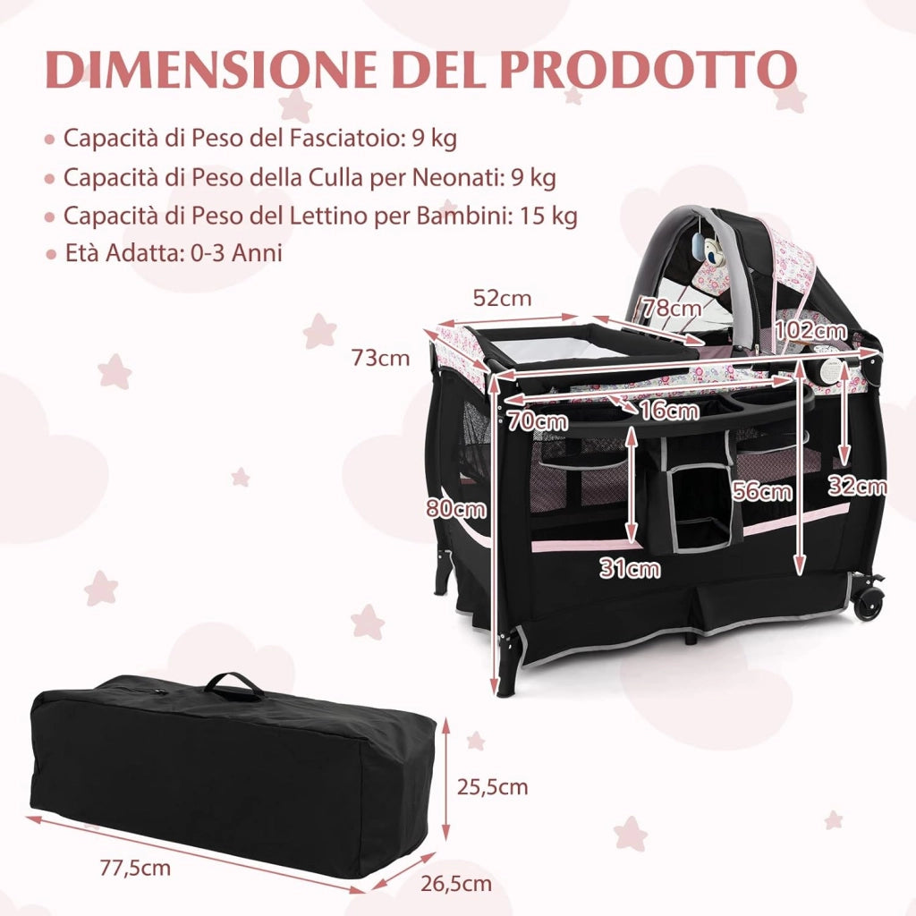 4 in 1 Lettino da Campeggio con Fasciatoio, Lettino Pieghevole per Bambini con Materasso, Centro Neonati con Culla, Box Musicale, Cappottina Regolabile, Borsa da Viaggio (Fiore Grande)