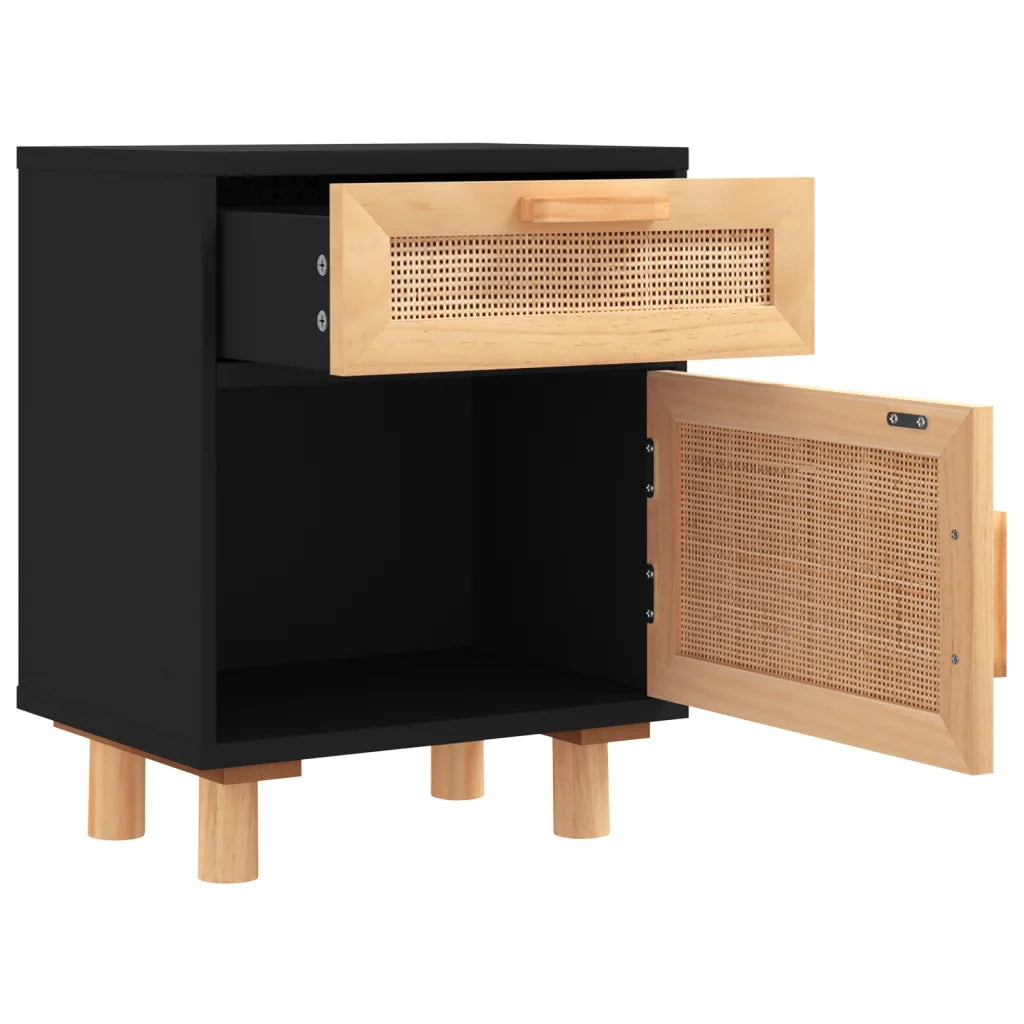 Comodino-Tavolino da notte Nero in Legno Massello di Pino e Rattan Naturale