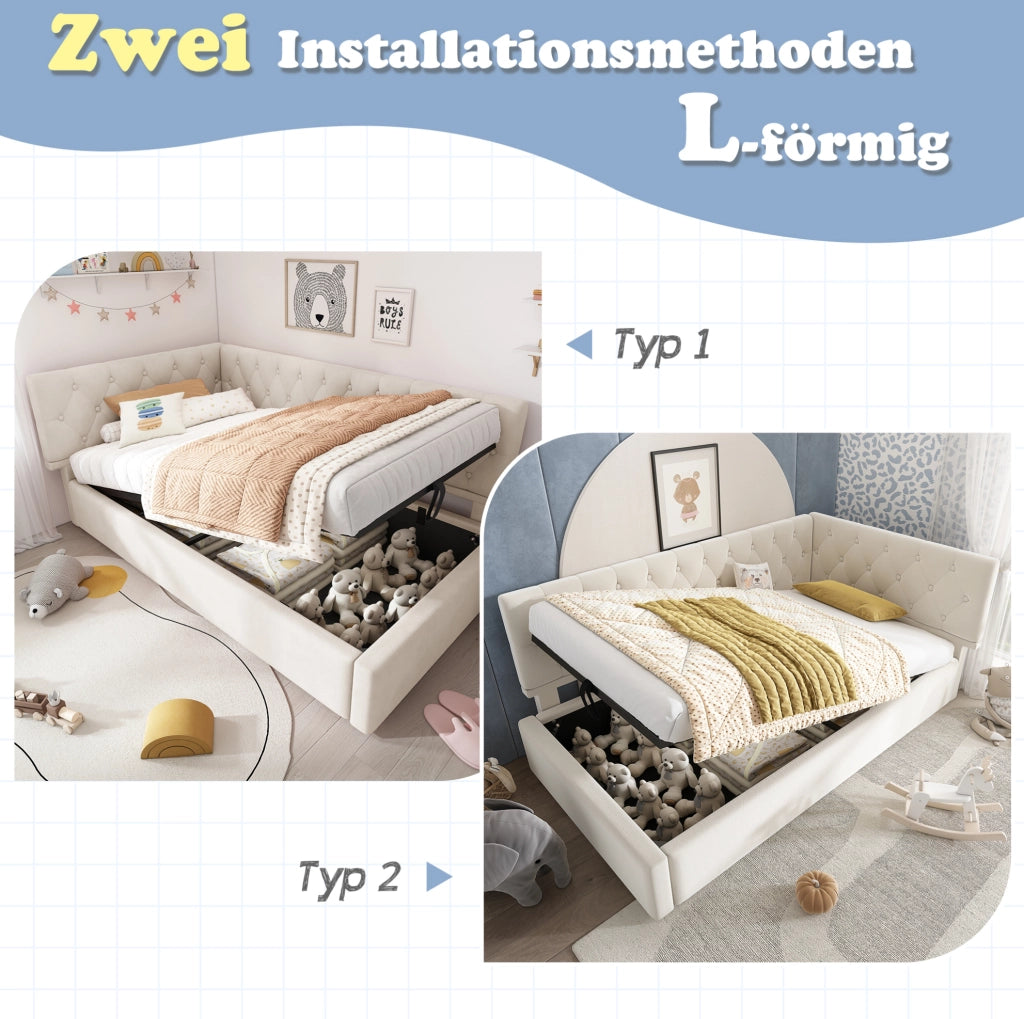 Letto divano con contenitore idraulico 90x190 cm in velluto beige