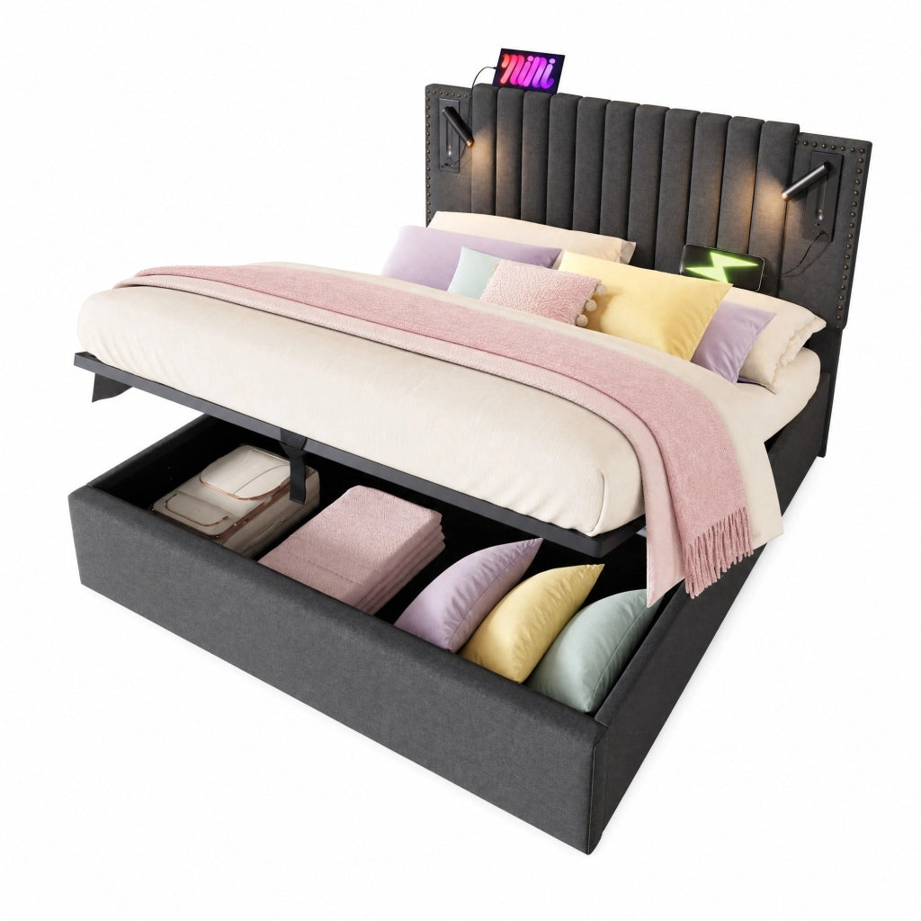 Letto matrimoniale imbottito 180x200 cm grigio con contenitore; luce lettura e porte USB