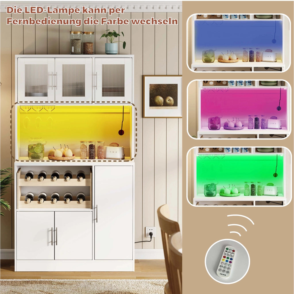 Dispensa alta con ripiani LED RGB e prese, in MDF bianco con portabicchieri e portabottiglie 100 × 40 × 180 cm