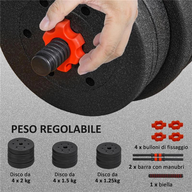 SET 2 MANUBRI ANTISCIVOLO CON 12 DISCHI PESI DA 20 KG TOTALI E CONNETTORE, IN ACCIAIO, HDPE E SABBIA, NERO