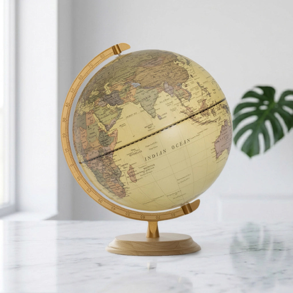 Mappamondo Decorativo da Tavolo - Globo Terrestre Vintage con Base in Legno e Arco Graduato Dorato, Mappa Politica ad Alta Definizione - Complemento d'Arredo Casa e Ufficio 31.00 Cm