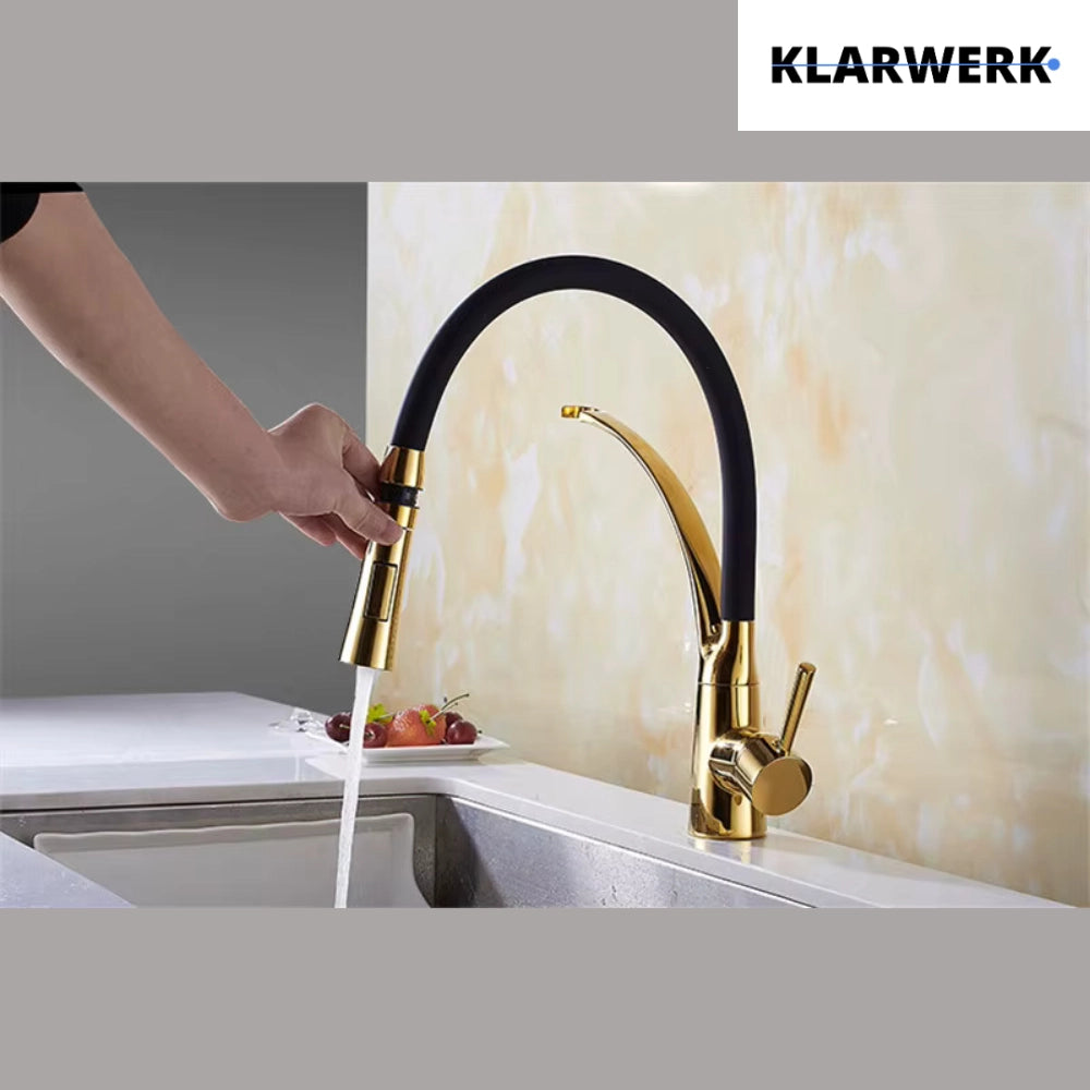 JANA | Rubinetto cucina girevole flessibile in acciaio inox oro lucido|Rubinetto miscelatore arco alto|Rubinetto alta pressione 360° 2 attacchi gastro