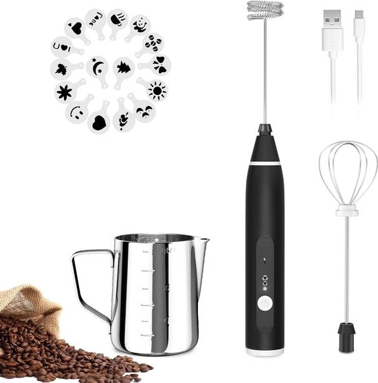 Frostante Latte con 3 Livelli - 2 Fruste in Acciaio Inossidabile e Vaschetta per Caffè - Cioccolata Calda Latte Cappuccino - 12V Ricaricabile