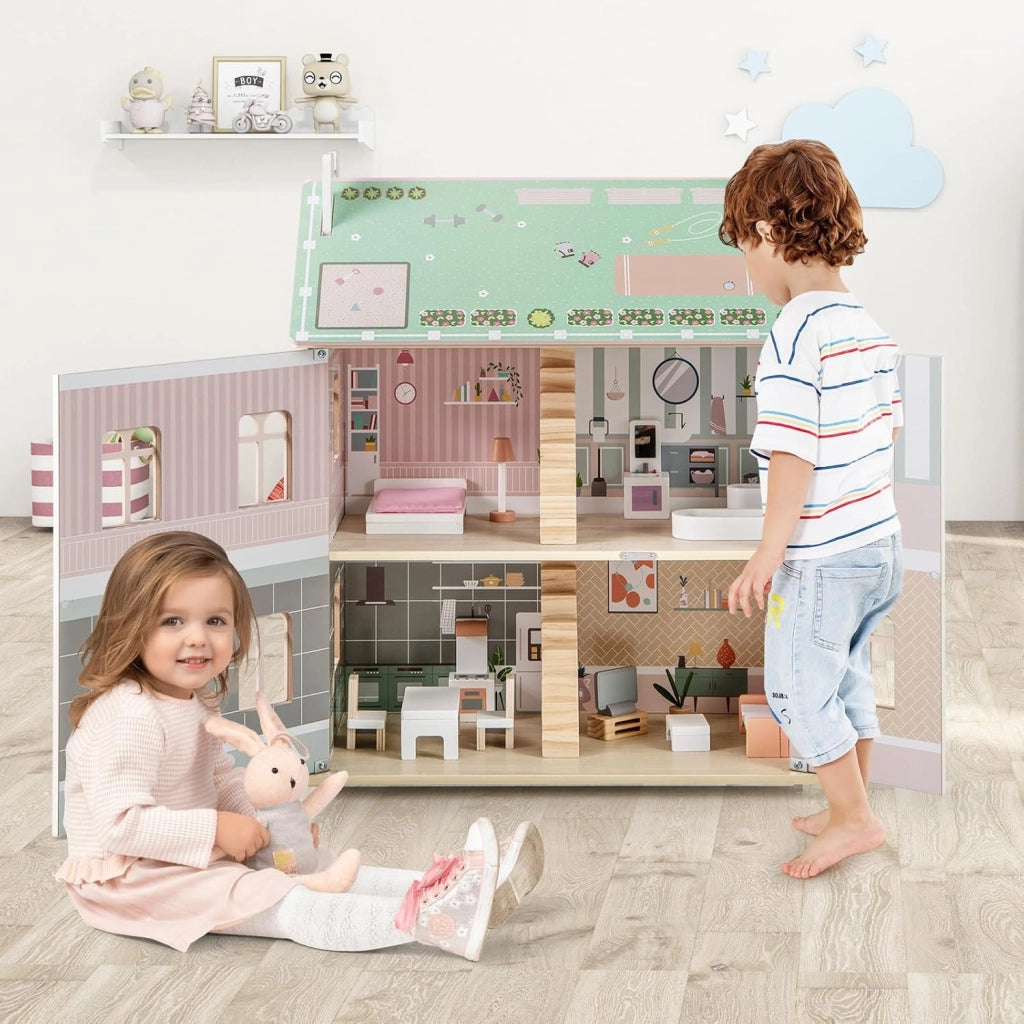 Casa delle Bambole in Legno, Casetta delle Bambole a 3 Piani con Tetti Rimovibili, Porte Apribili, Finestre Squisite 5 Stanze e 19 Accessori, Regalo per Bambini 3+ Anni
