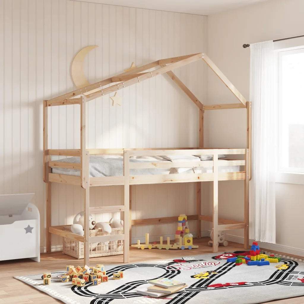 Letto singolo | Letto per adulti | Letto Soppalco con Scala e Tetto 90x190 cm Legno Massello Pino
