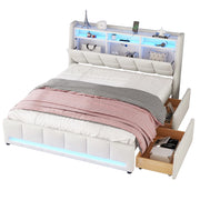Letto Contenitore 140 x 200 cm; 2 Posti; LED; USB; 2 Cassetti; in Lino Beige