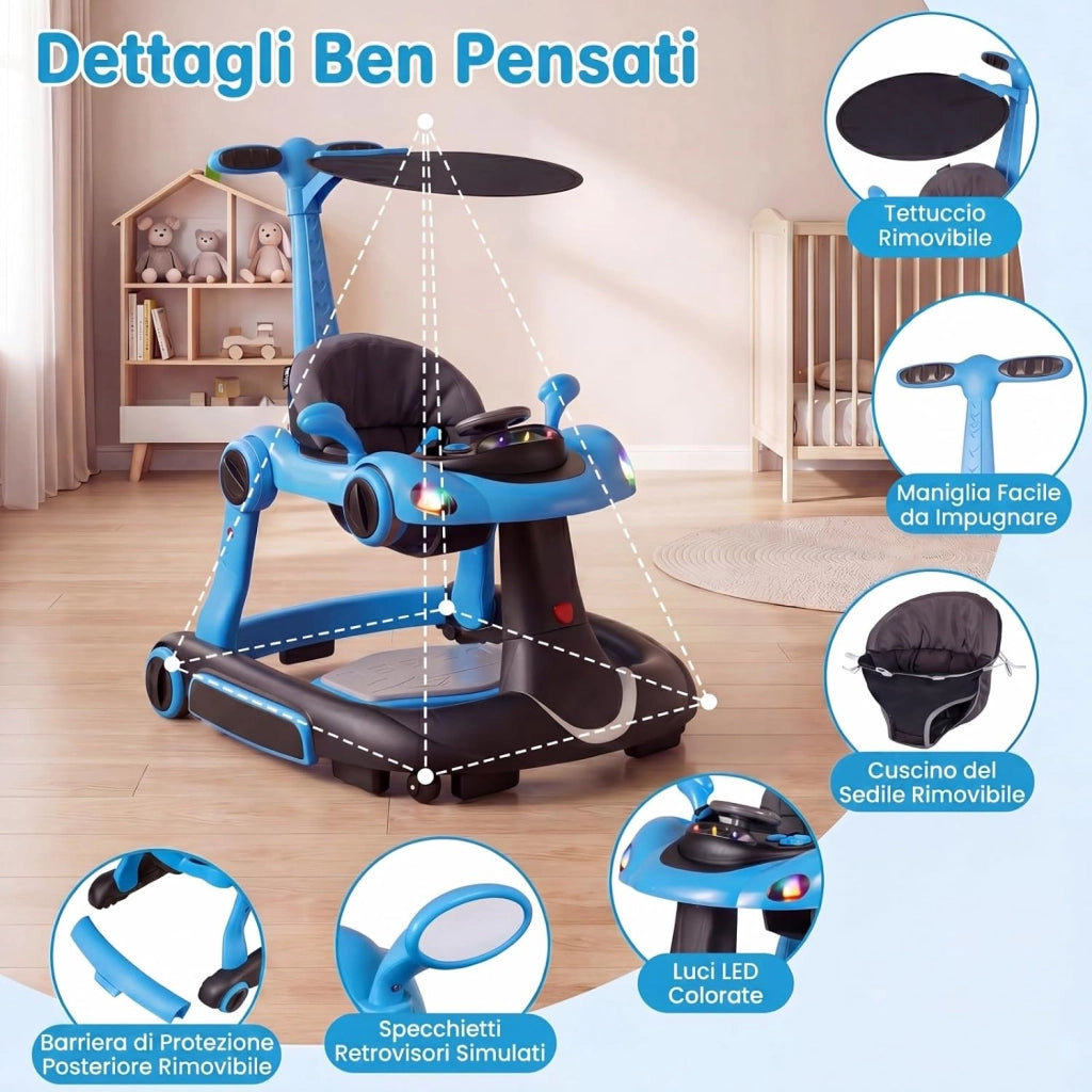 Girello per Bambini 6-in-1 Evolutivo, Centro Attività Pieghevole con Maniglia, Regolazione Altezza/Velocità, con Musica, Luci Tenda, per Neonati 6-18 Mesi (Nero+Blu)