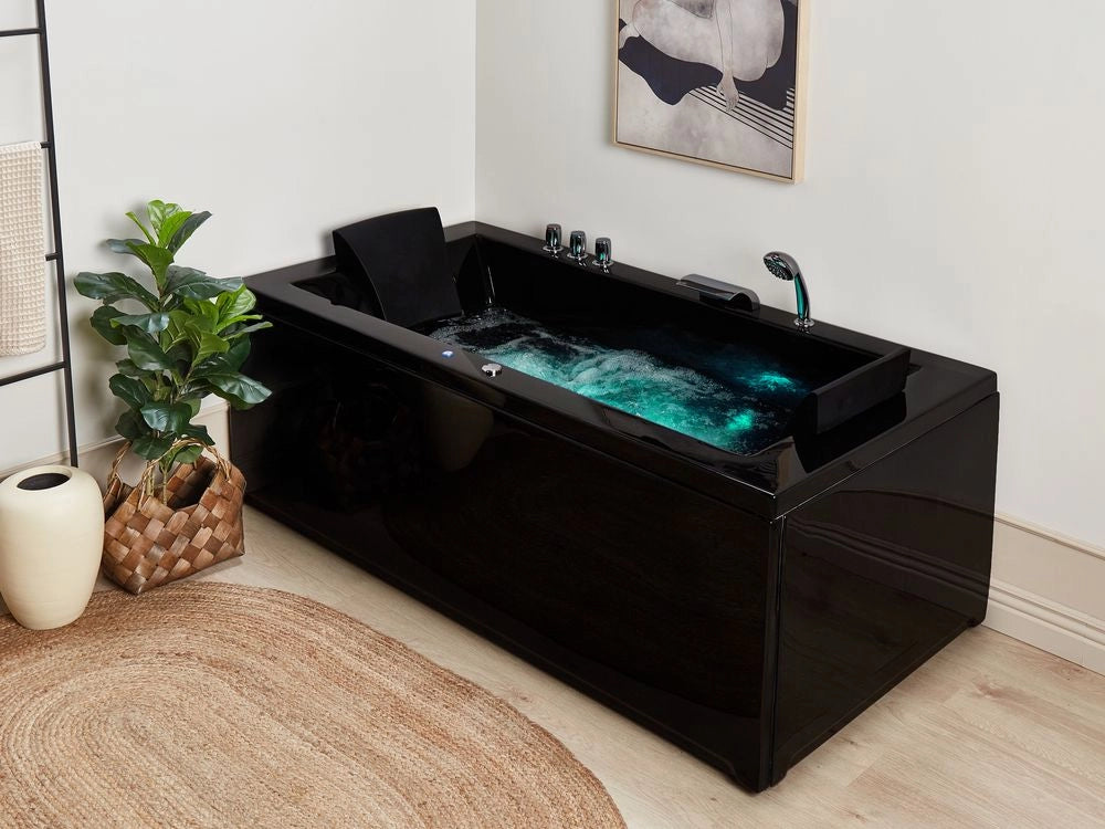 Vasca da bagno in acrilico Nero 183 x 90 cm getti massaggianti per poggiatesta luci a LED