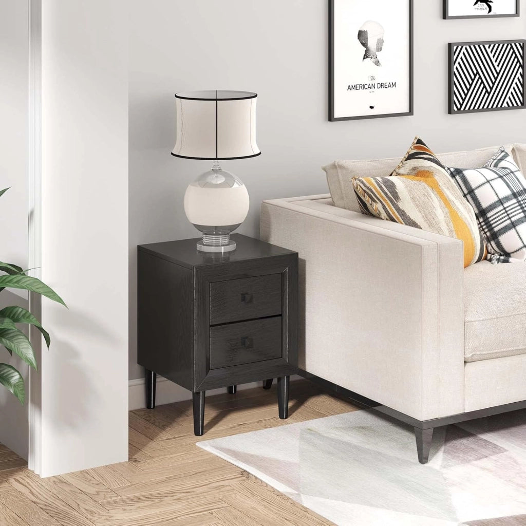 COSTWAY Comodino 40 x 39,5 x 55cm con 2 Cassetti, Tavolino Moderno da Salotto con Solide Gambe in Legno di Gomma, Mobile per Ufficio, Salone e Camera da Letto (2 x Nero)