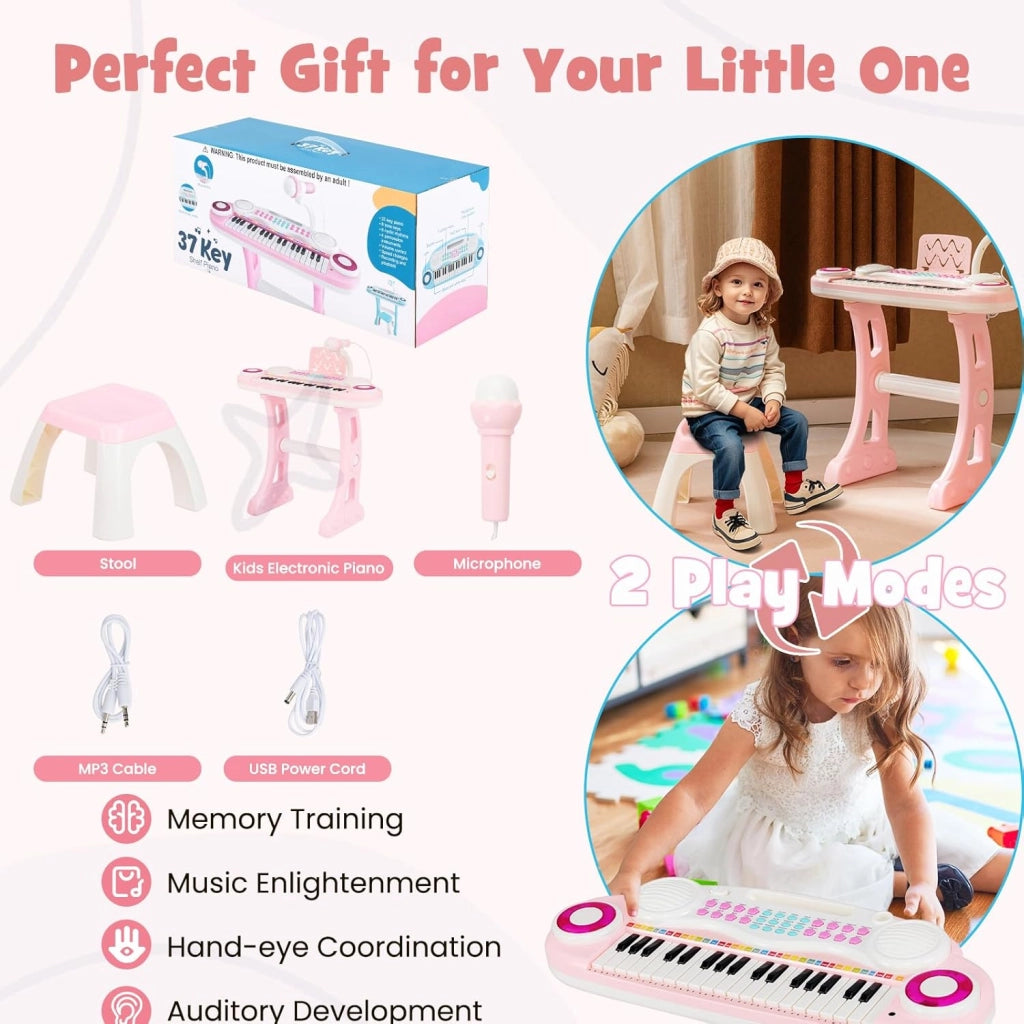 Pianoforte per Bambini con 37 Tasti, Pianola per Bambina con Effetti Luminosi e Microfono Regolabile, Tastiera Musicale Bambini con Sgabello, 8 Ritmi/Suoni per Bambini 3+ Anni (Rosa)