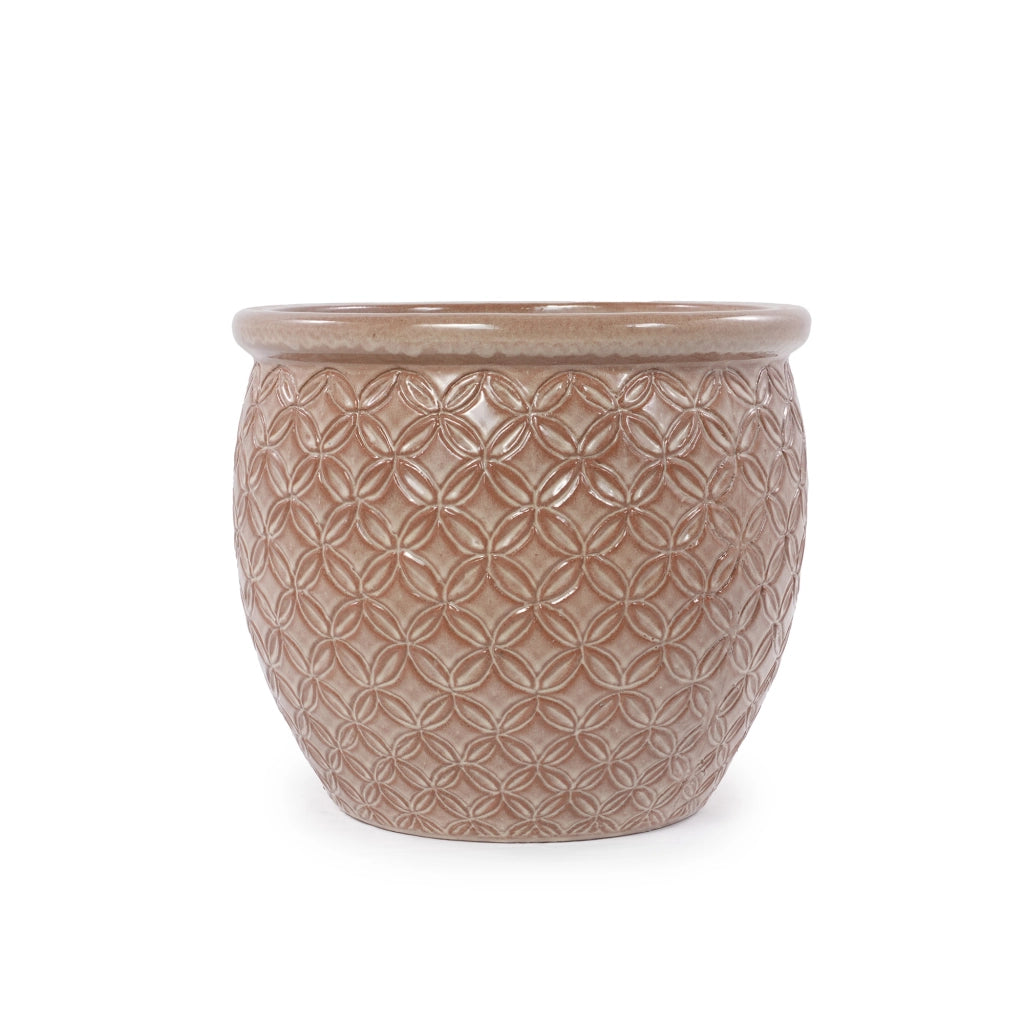 Vaso in ceramica artigianale Ø 30,5 cm, beige lucido, con rilievo decorativo e fori di drenaggio