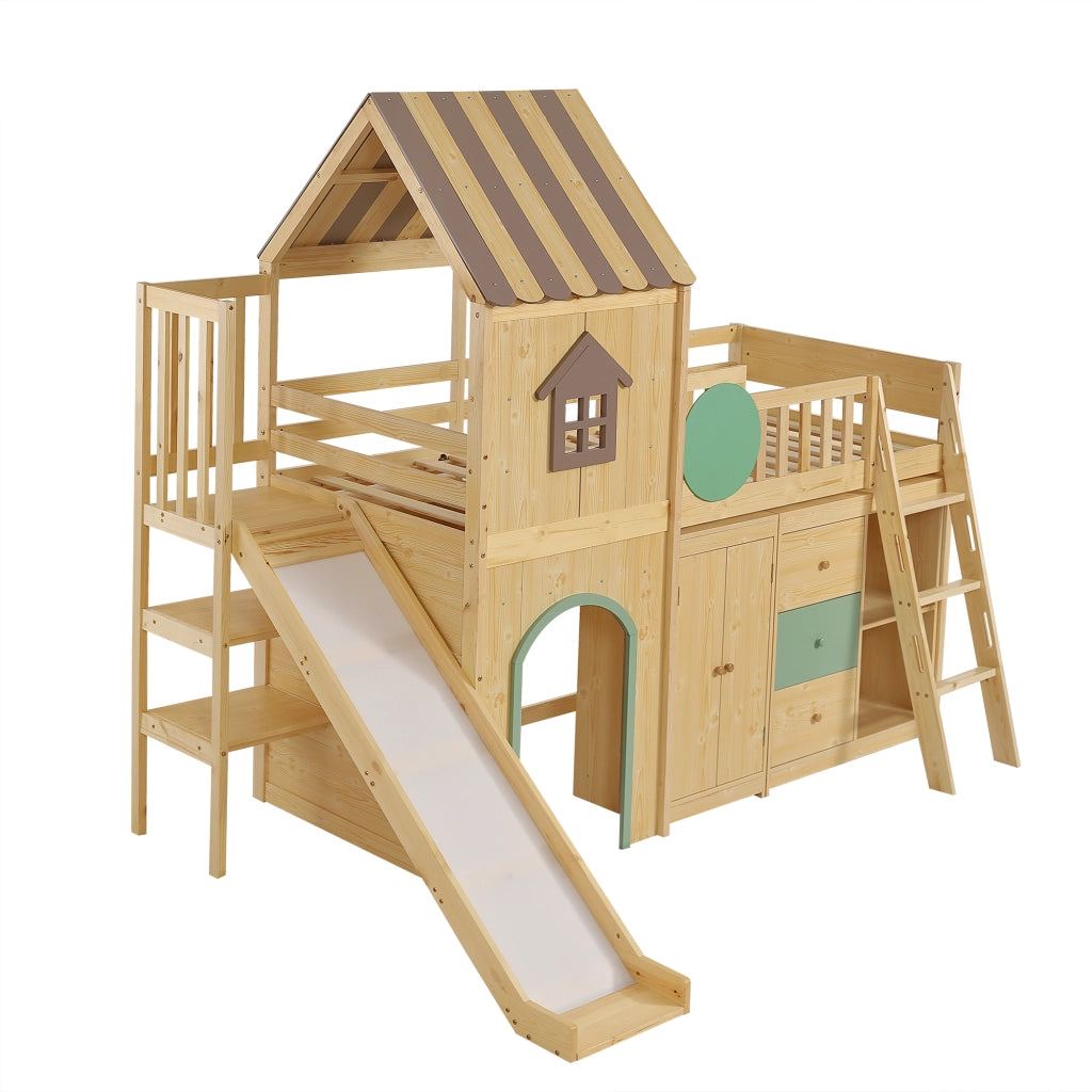 Letto a Soppalco 90 x 200 cm - Scivolo; Scala a 3 Gradini e Armadi - Naturale e Verde