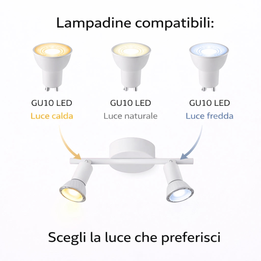 Faretto Soffitto 2 Luci GU10 Orientabili in Metallo, Plafoniera Spot Direzionabili, Lampada da Soffitto Moderna per Corridoio Cucina Soggiorno, Bianco, Lampadine Non Incluse