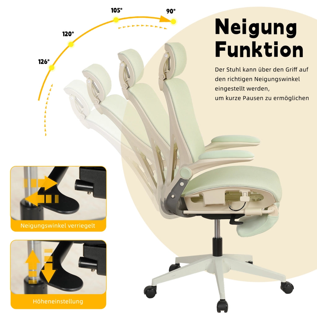 Sedia da ufficio ergonomica pieghevole con supporto lombare, poggiatesta 3D e braccioli ribaltabili in mesh verde