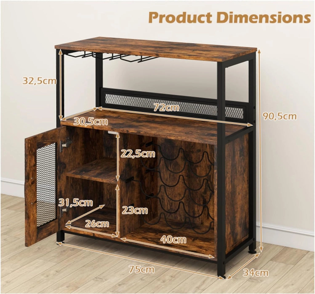 Mobile Porta Vino con 3 Portabicchieri e 9 Scomparti per Bottiglie, Kit Antiribaltamento, Design Industriale per Soggiorno, Sala da Pranzo, Cucina e Bar, Marrone