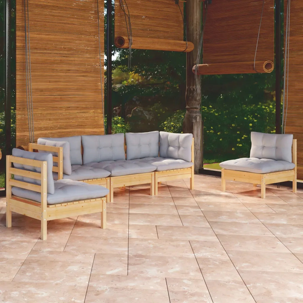 Set Divani da Giardino 5 pz con Cuscini Grigi Massello di Pino 3096183