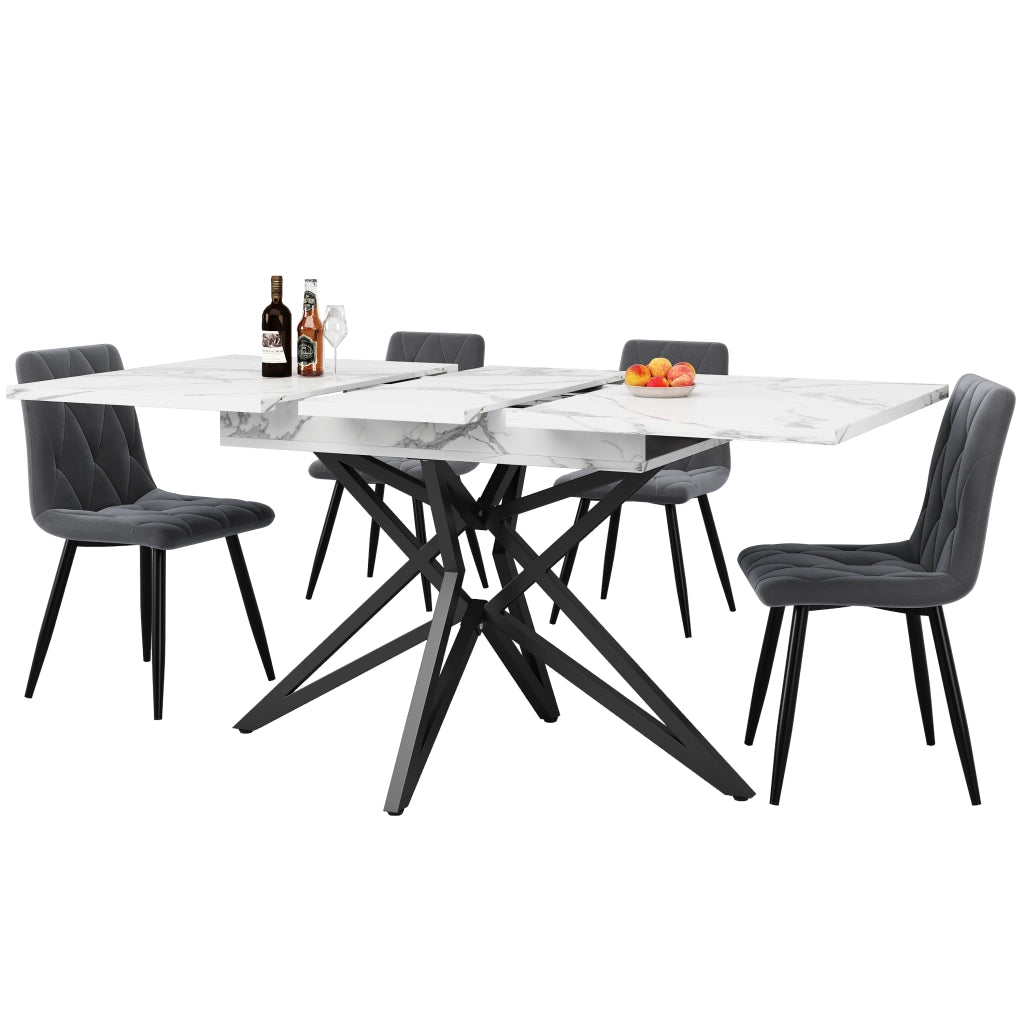 Tavolo da pranzo allungabile con 4 sedie, piano in MDF effetto marmo, per cucina e sala da pranzo, bianco