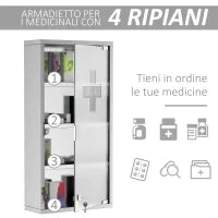 Armadietto Medicinale Cassetta Porta Medicina a Quattro Ripiani in Acciaio Inox 30 x 12 x 60cm