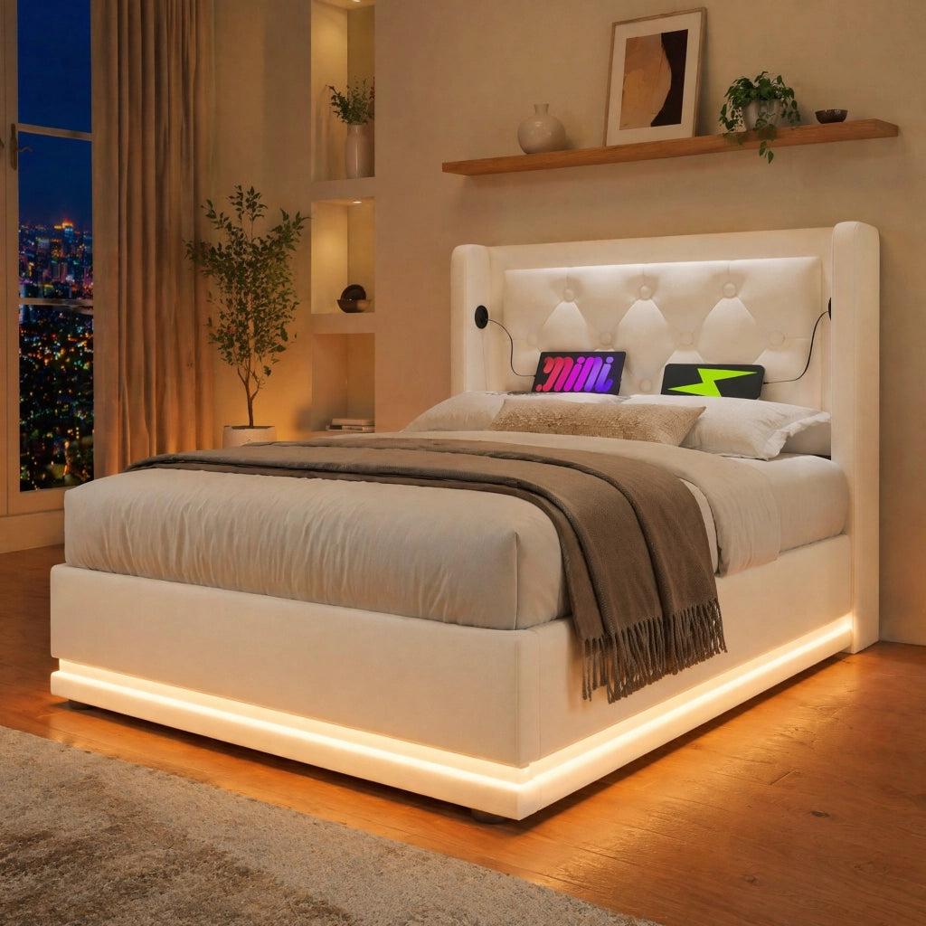 LETTO Imbottito 90x200 cm in PU Bianco con USB Tipo-C e LED, contenitore idraulico