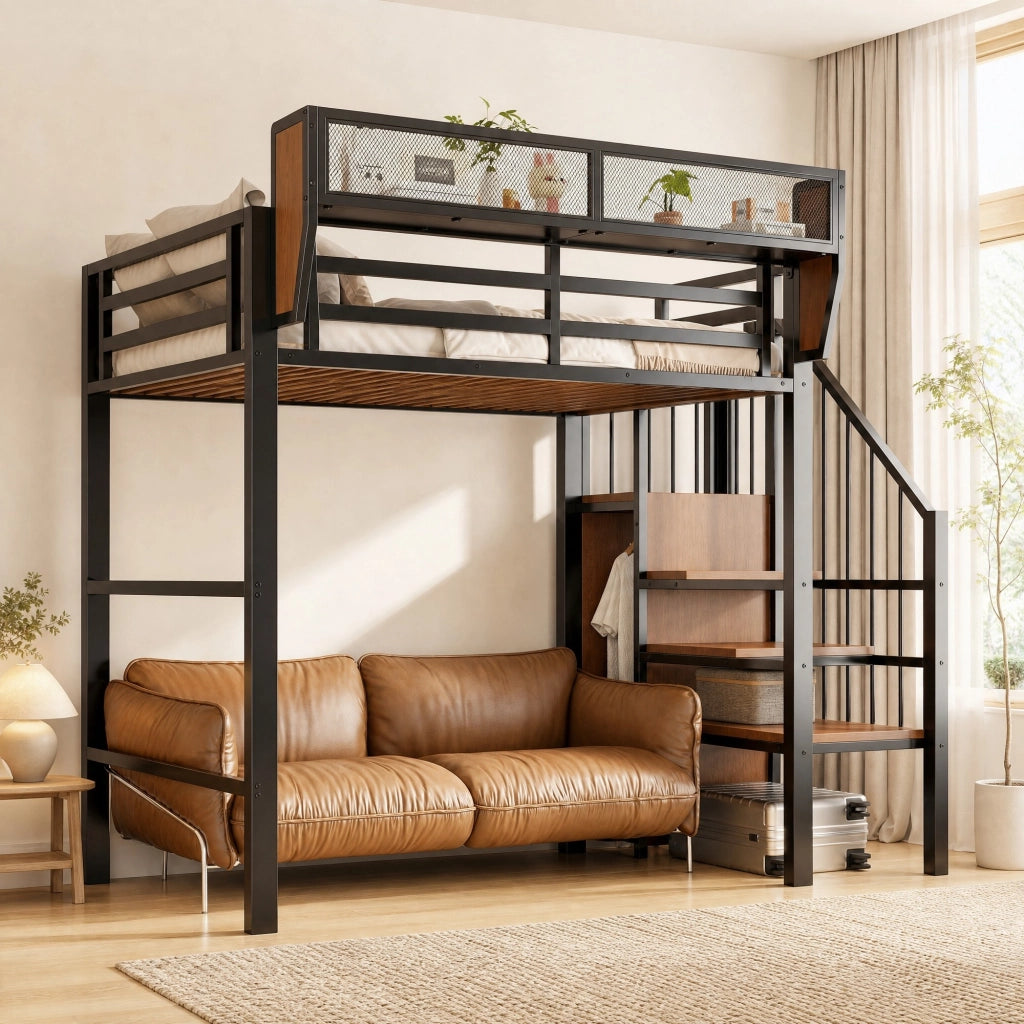 Hochbett metallico 90x200 cm con LED, scala di sicurezza e ripiani flessibili, struttura nera