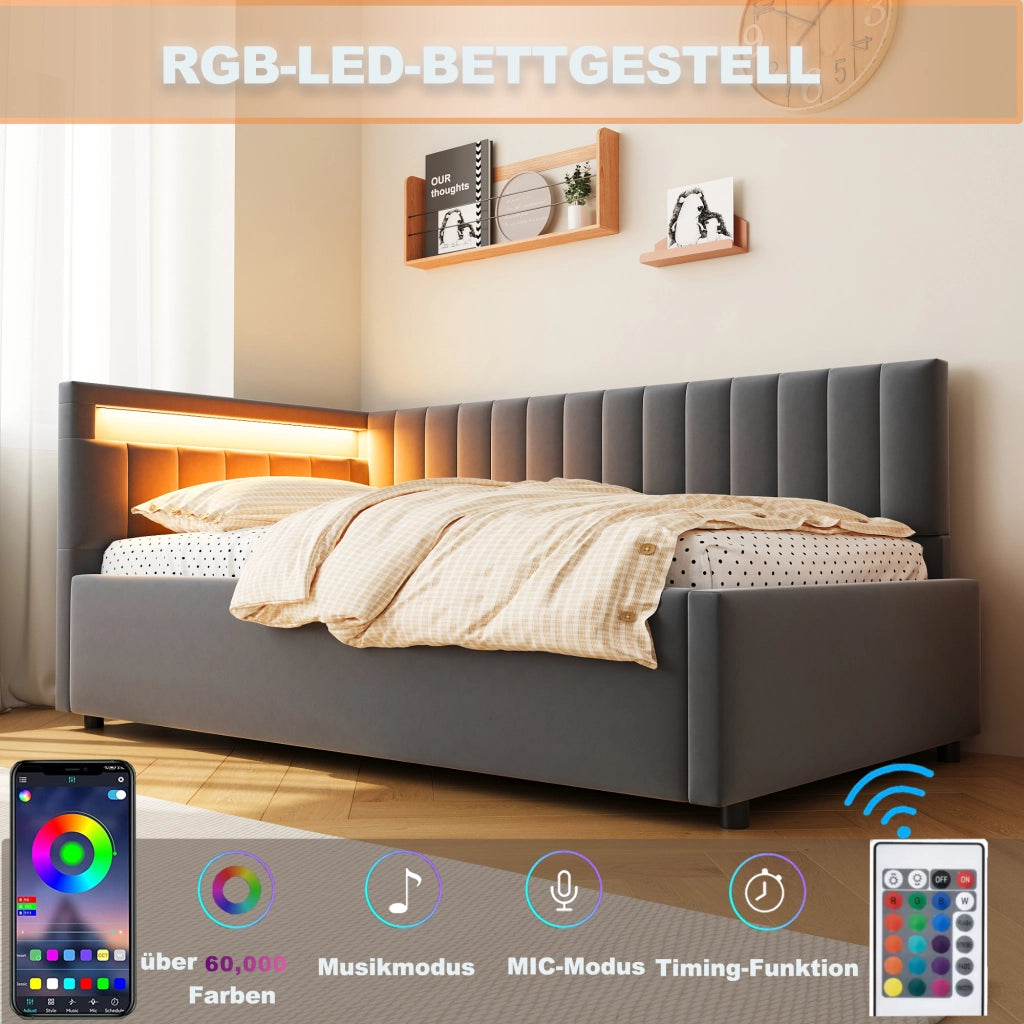 Letto imbottito singolo 90×200 cm con contenitore; LED e rete; senza materasso; velluto; grigio
