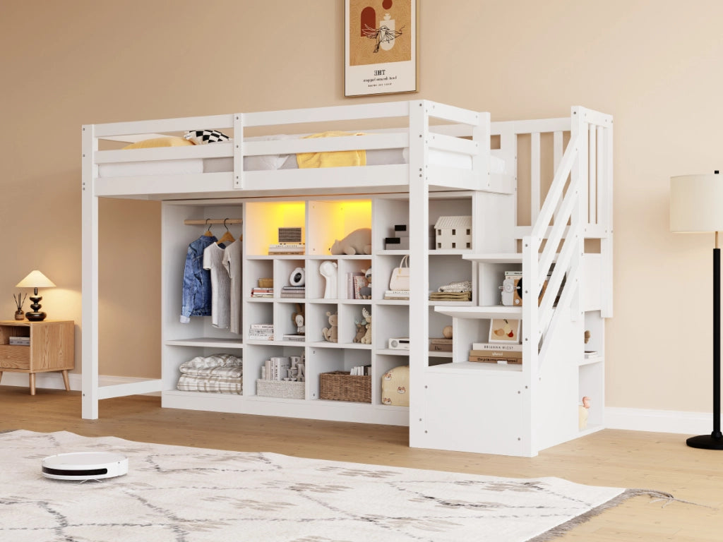 LETTO A Soppalco 90x200 cm in Legno Bianco con Armadio, Ripiani e LED
