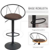 Set 2 Sgabelli da Bar Girevoli con Schienale e Poggiapiedi in Metallo, Altezza Regolabile e Seduta Imbottita per Soggiorno e Cucina , Marrone 51x46x78-100cm
