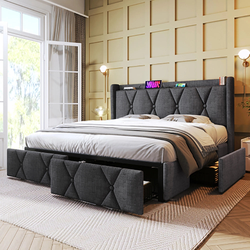 Letto adulto con testiera USB - Xylo - 140x200 cm grigio - 4 cassetti