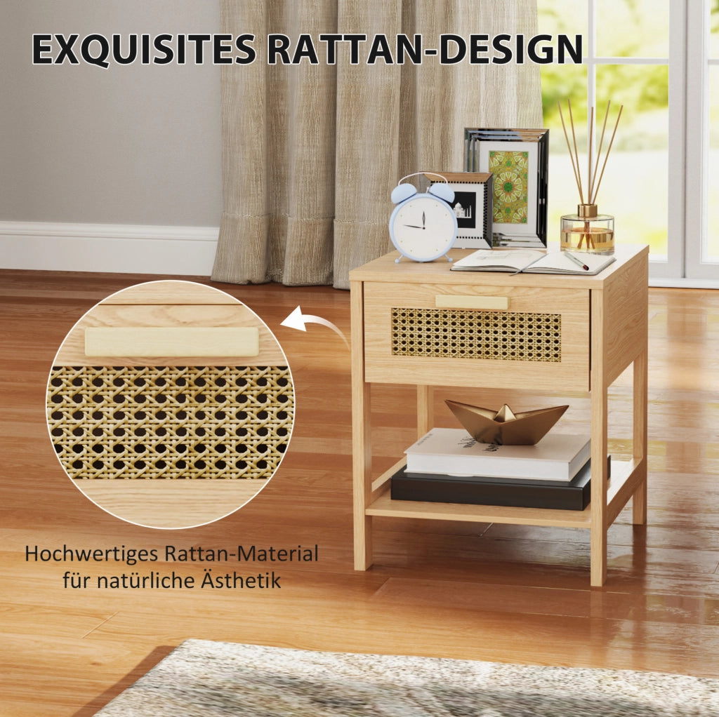 Comodino in rattan naturale con cassetto e ripiani 40x40x48,4 cm