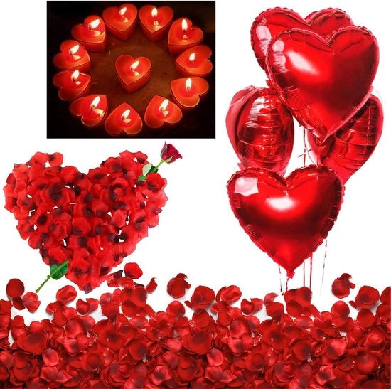 Set di Candelotti e Foglie di Rosa - Decorazione del Giorno di San Valentino - 50 Candelotti - Rosso - Foglie di Rosa di Seta