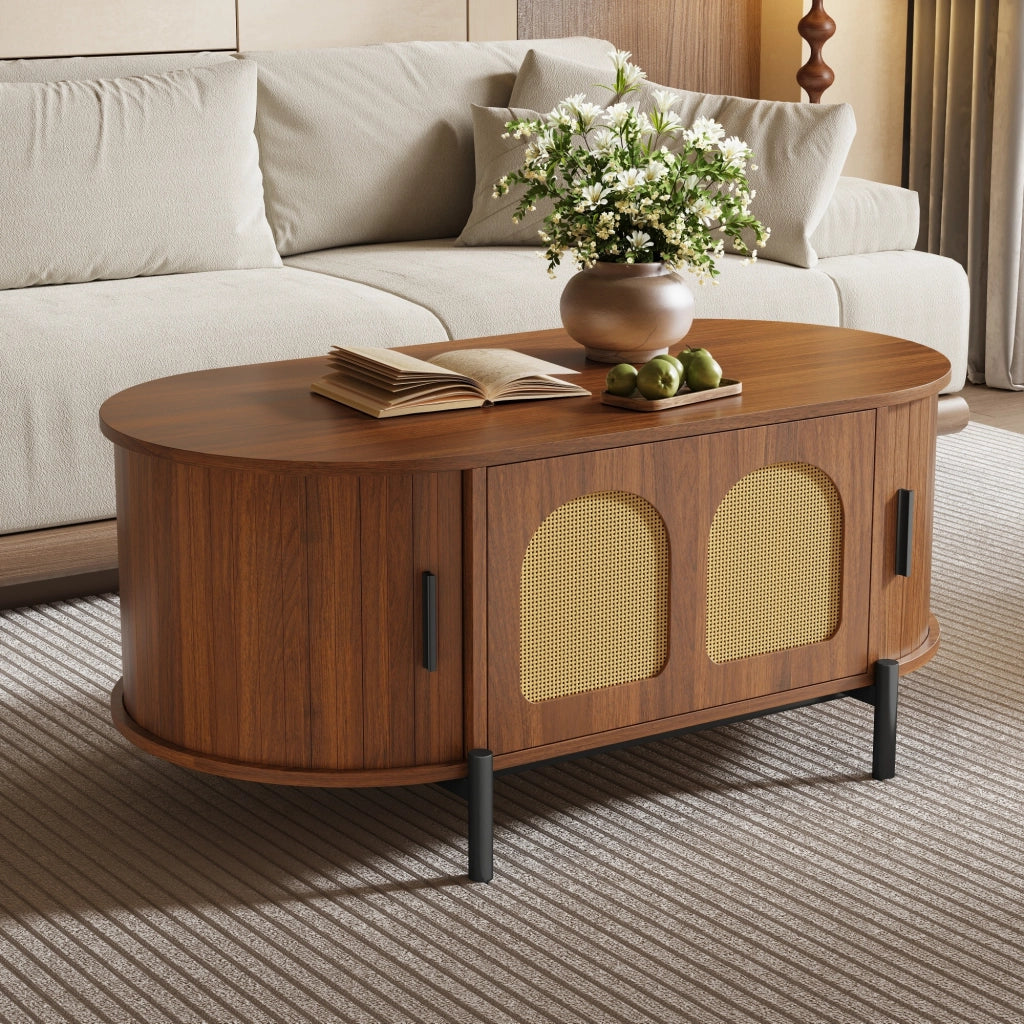 Tavolino basso ovale con ante scorrevoli in rattan e vani contenitore, per soggiorno, in MDF, noce, 100 × 50 × 40 cm