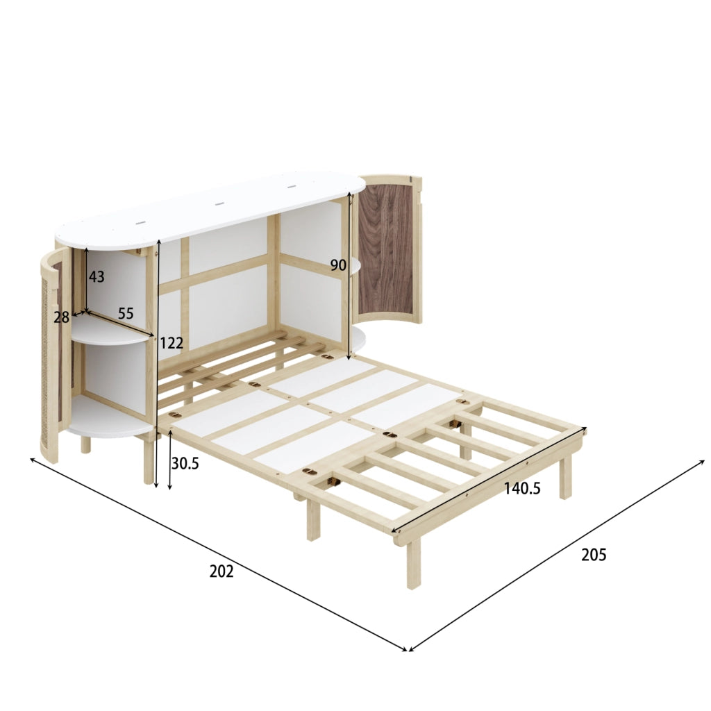 OKWISH Letto a scomparsa 140×200 cm, Letto Matrimoniale con Contenimento, Mensole e Design in Rattan, senza Materasso, in Legno, Naturale