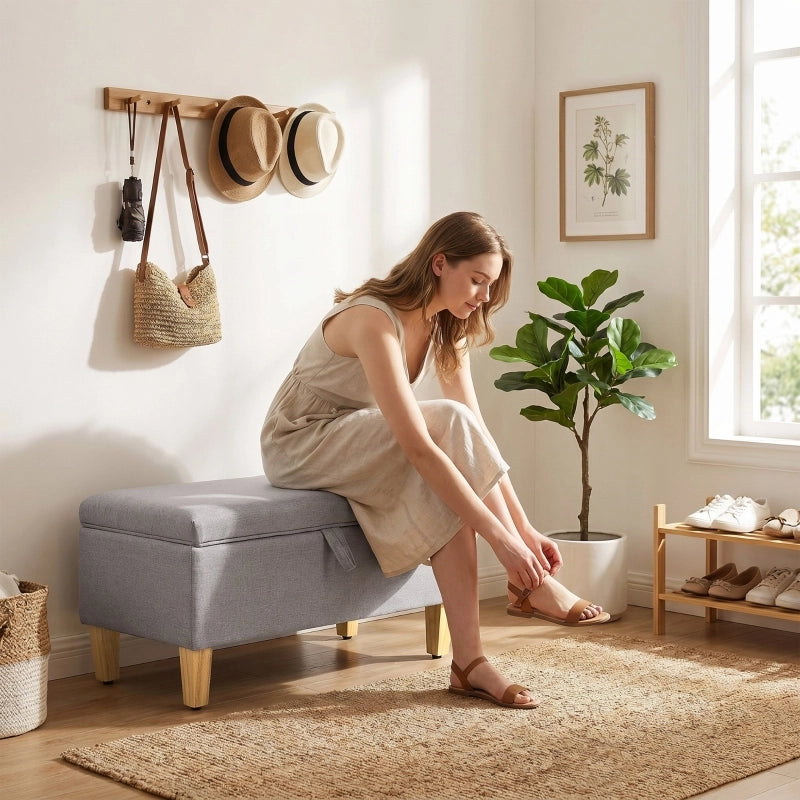 Panca contenitore imbottita con vano portaoggetti in effetto lino e gambe in legno, grigio chiaro 71 × 37 × 36 cm