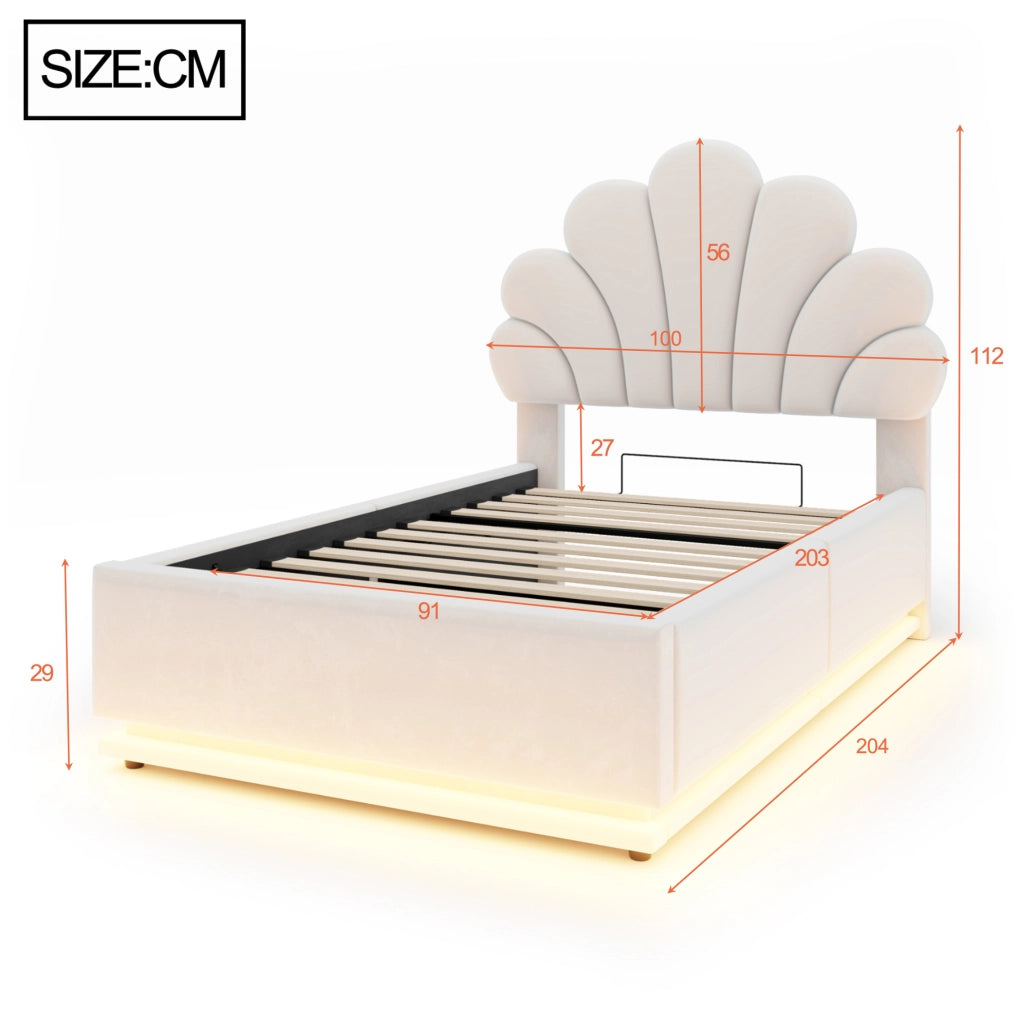 Letto imbottito 90x200 beige con vano contenitore e LED