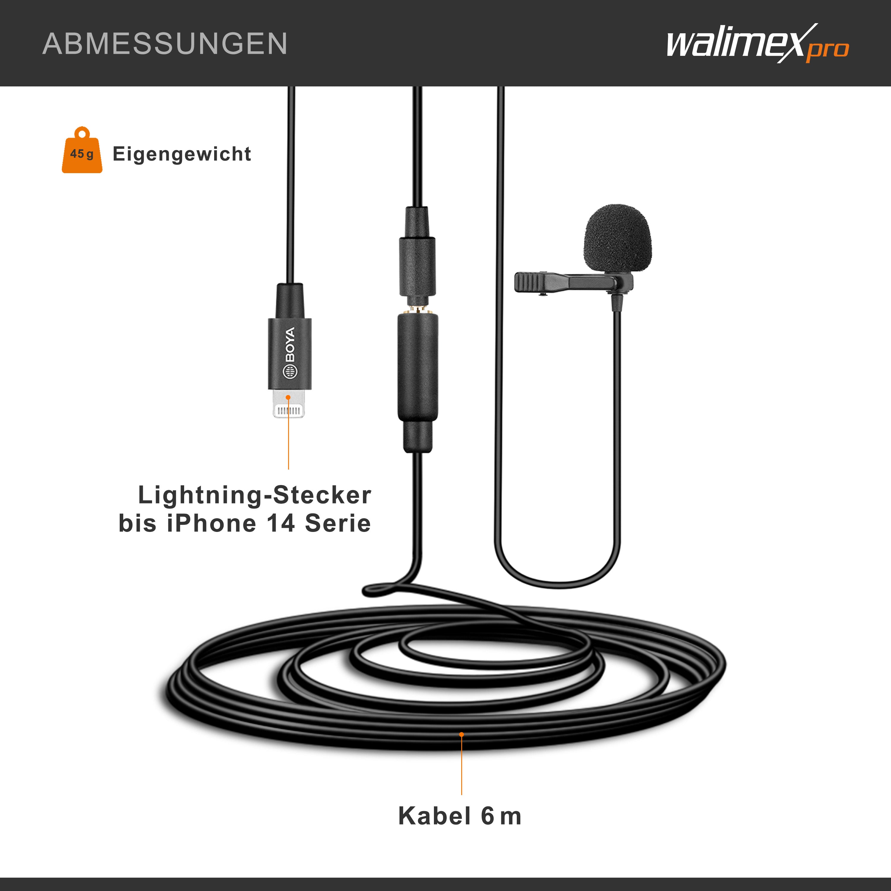 Boya M2 microfono a clip per iOS piccolo e potente microfono lavalier 50 Hz 20 kHz per dispositivi iOS, cavo adattatore Lightning adatto anche alla digitalizzazione nero