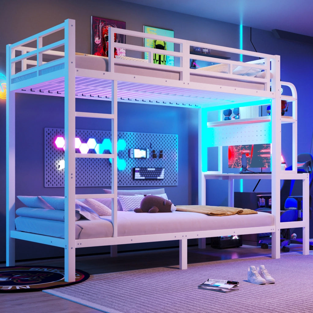 Letto a castello 90x200 cm con scrivania, mensole, LED e USB bianco