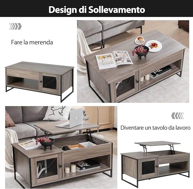 Tavolino da Salotto in Legno, Tavolino Basso Sollevabile con Scompartimento Nascosto, Tavolino da Divano Moderno per Soggiorno e Ufficio, 104 x 55 x 58 cm, Grigio