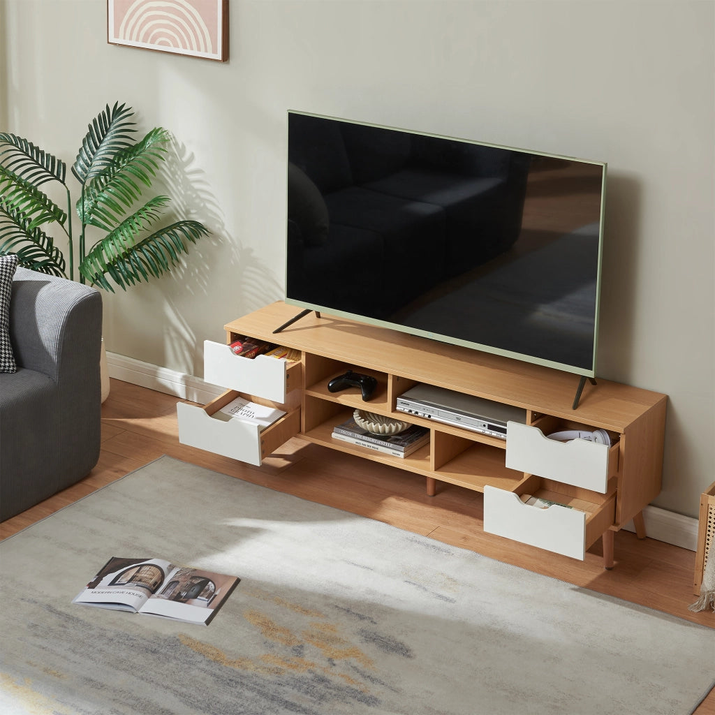 Mobile Porta TV Bordkak con 4 Cassetti a Scomparti Aperti 140 x 30 x 45 cm - Effetto Rovere / Bianco [en.casa]