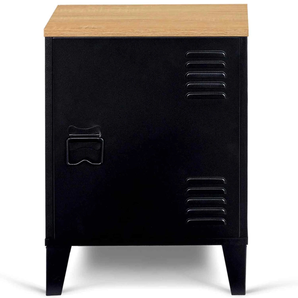 IDMarket - Comodino ESTER a 1 anta in metallo nero con piano in faggio in stile industriale