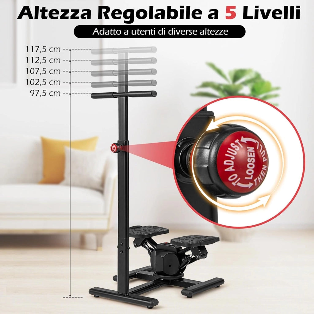 Stepper Fitness con Manubrio Regolabile in Altezza, Display LCD, Pedali Antiscivolo e Resistenza Idraulica, Stepper in Metallo, ABS, PP e EVA per Casa, Ufficio e Palestra