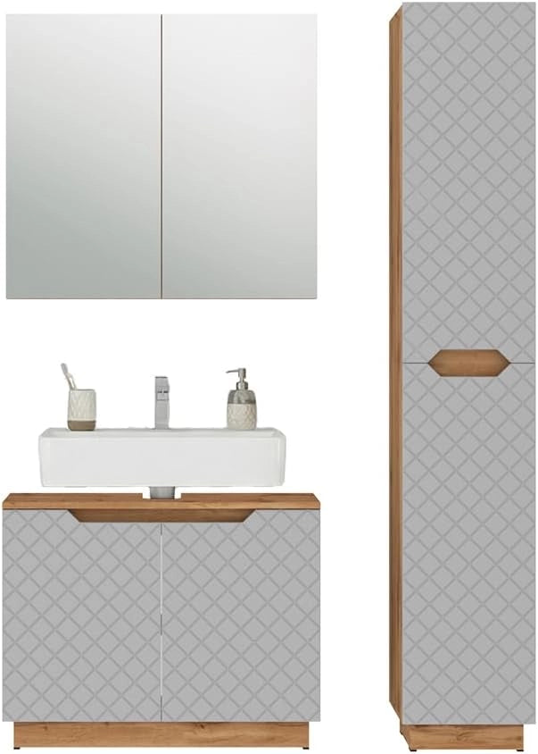 Set di mobili da bagno Lotta, Rovere/grigio con struttura in piastrelle, 3 parti