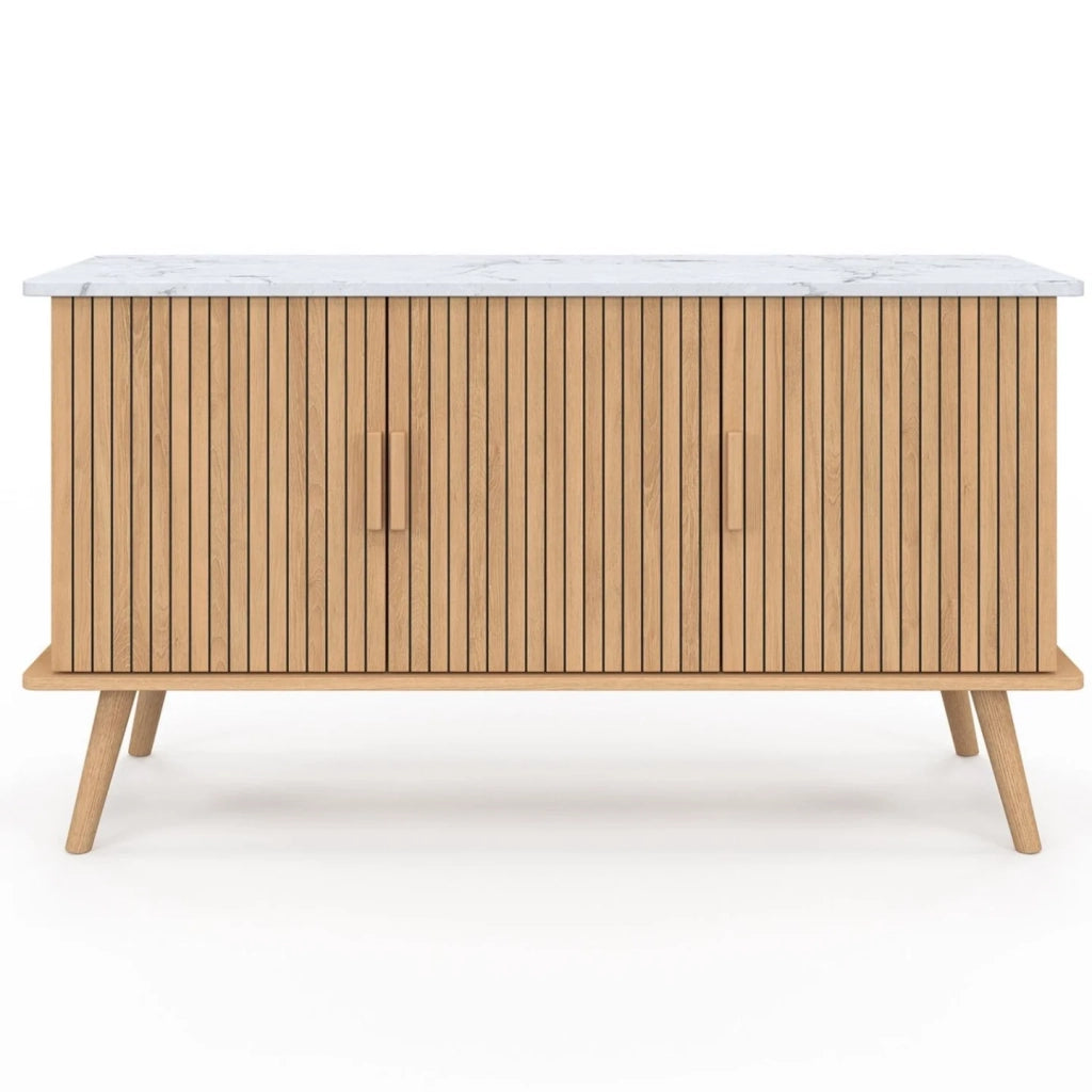 IDMarket - Credenza JULIETTE 110 cm, piano effetto marmo, 3 ante a doghe, doghe in legno color rovere