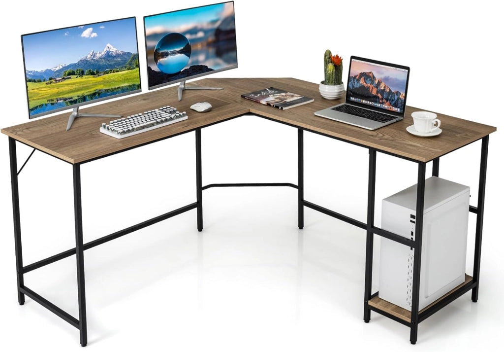Scrivania Angolare 138 CM, Scrivania ad Angolo con 2 Prese, 2 Porte USB, Telaio in Acciaio al Carbonio e Ripiano a 2 Livelli Rimovibile, Scrivania Salvaspazio da Ufficio e Casa (Nero)
