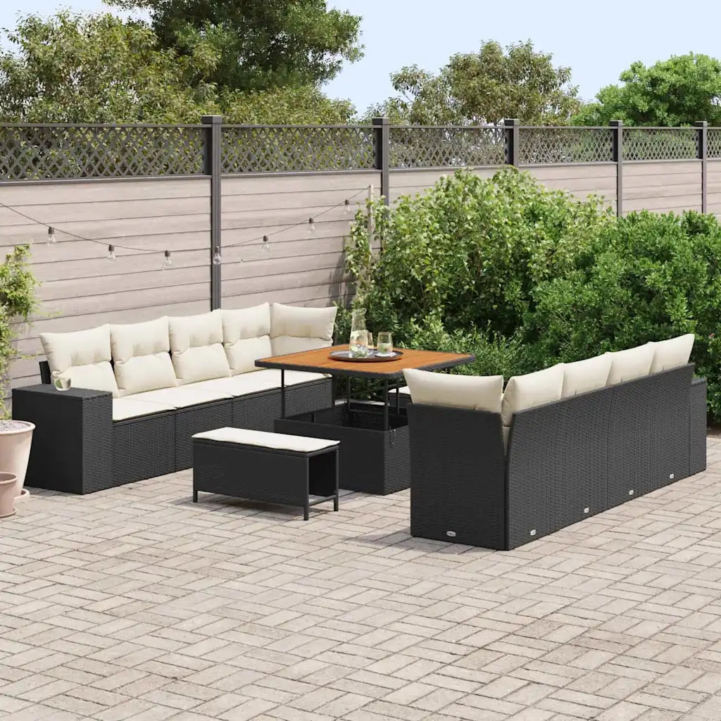 Set Divano da Giardino 11 pcs Nero e Crema polyrattan