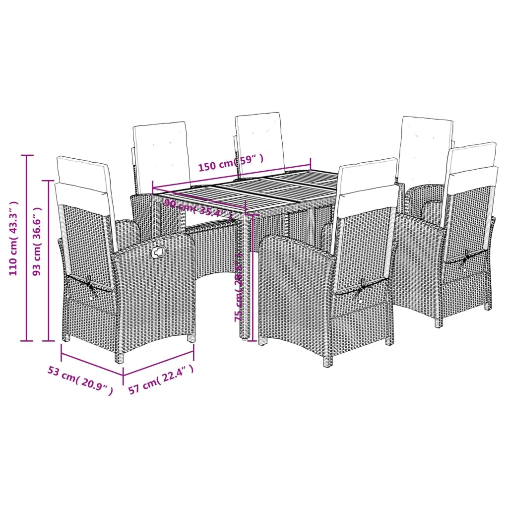 Set da Pranzo da Giardino 7 pz Nero con Cuscini in Polyrattan 3212234
